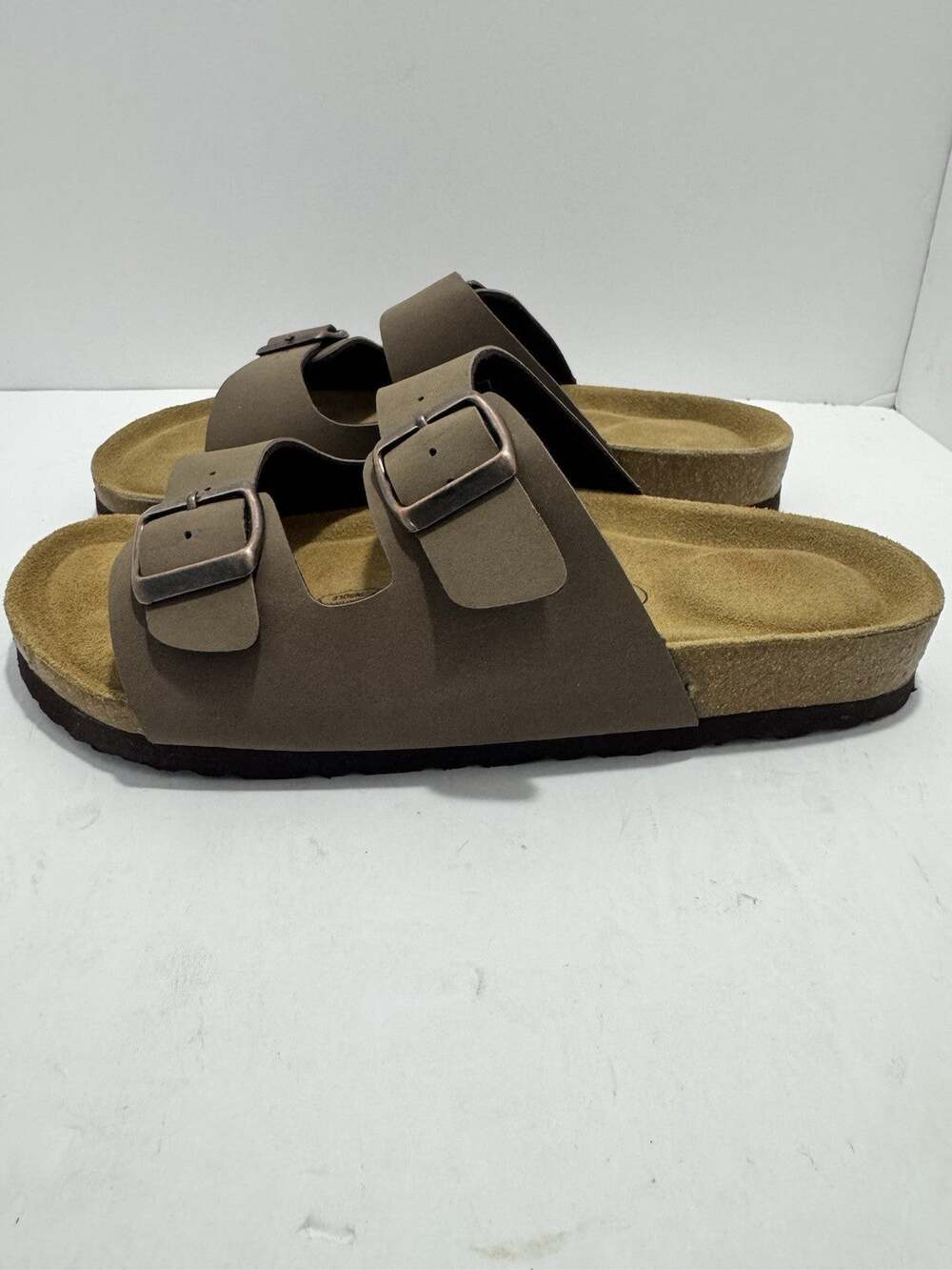 Cushionaire Lane Women's Cork Footbed Sandals Brown Double Buckle Slide Size 8W